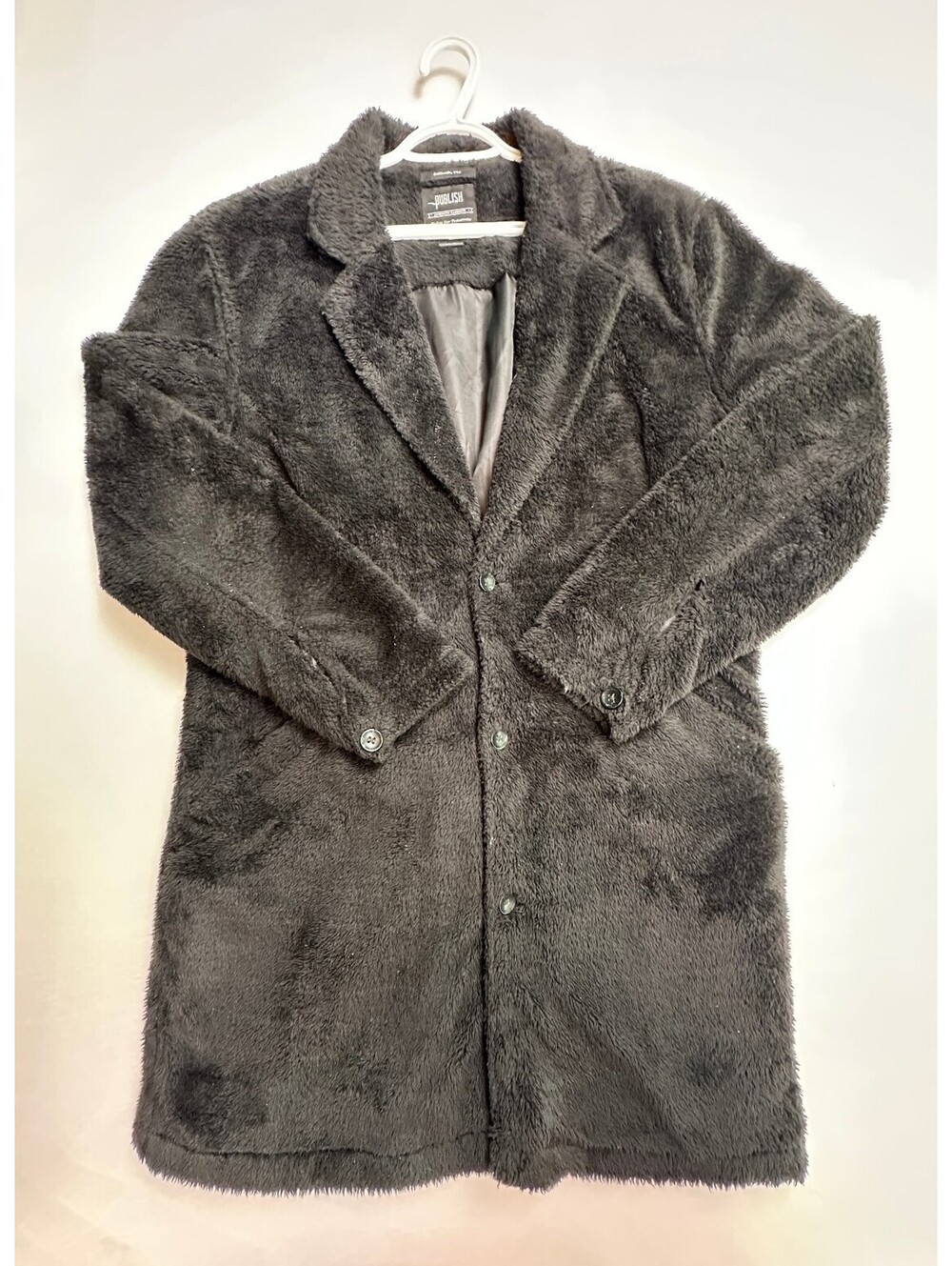 Publish Large Black Faux Fur Plush Coat with Button Closure